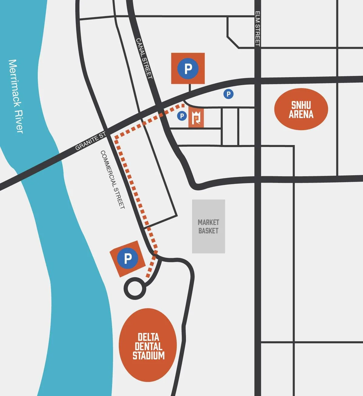 Parking and walking map from Republic Brewing Company to Delta Dental Stadium, Manchester NH