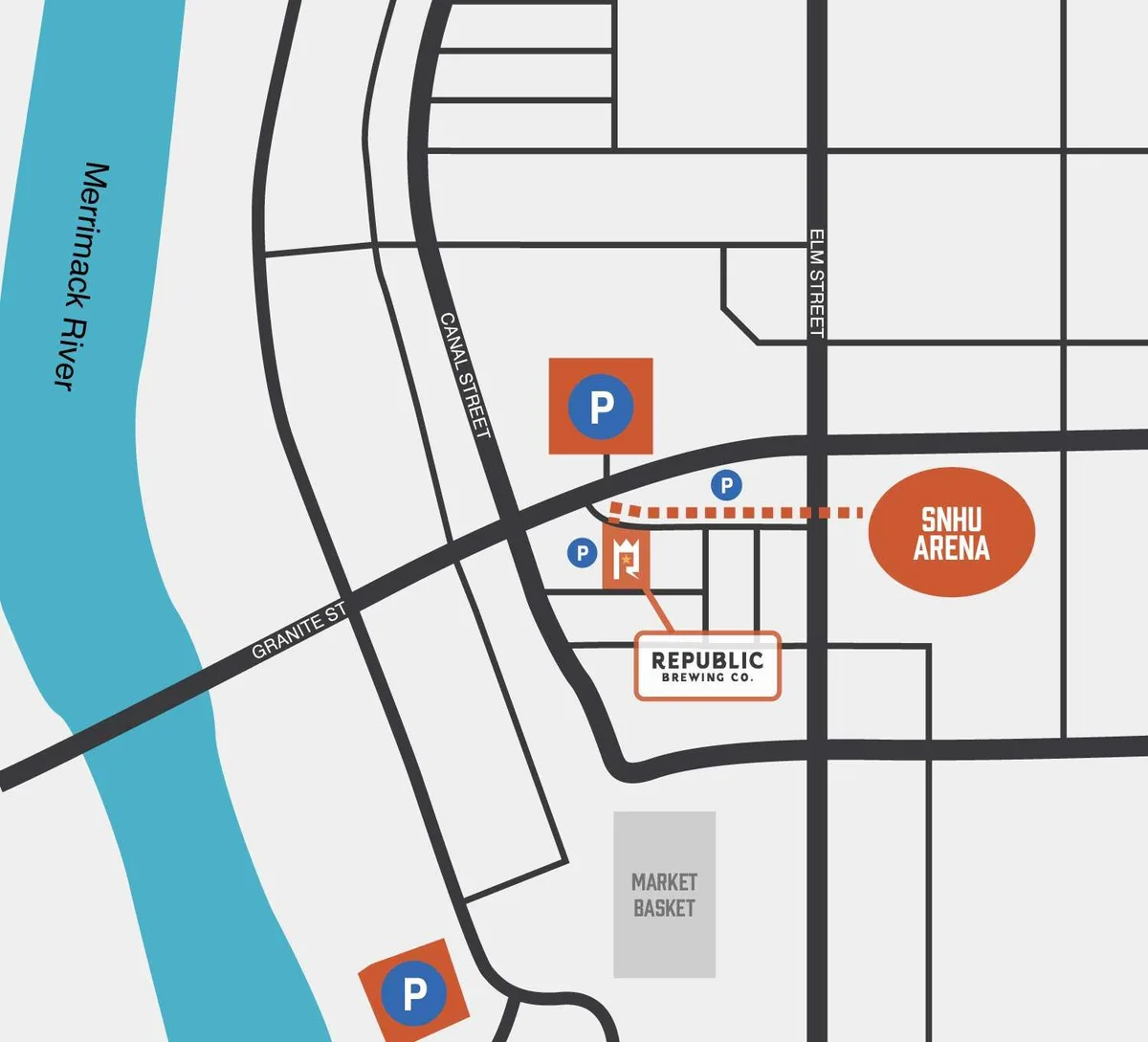 Walking map from Republic Brewing Company to SNHU Arena, Manchester NH